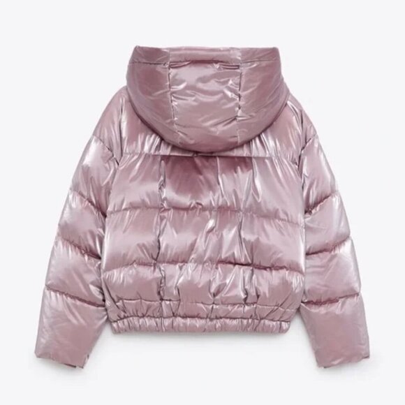 Zara Pink Metallic Shine Hooded Puffer Jacket Size XS NWT - Picture 4 of 7